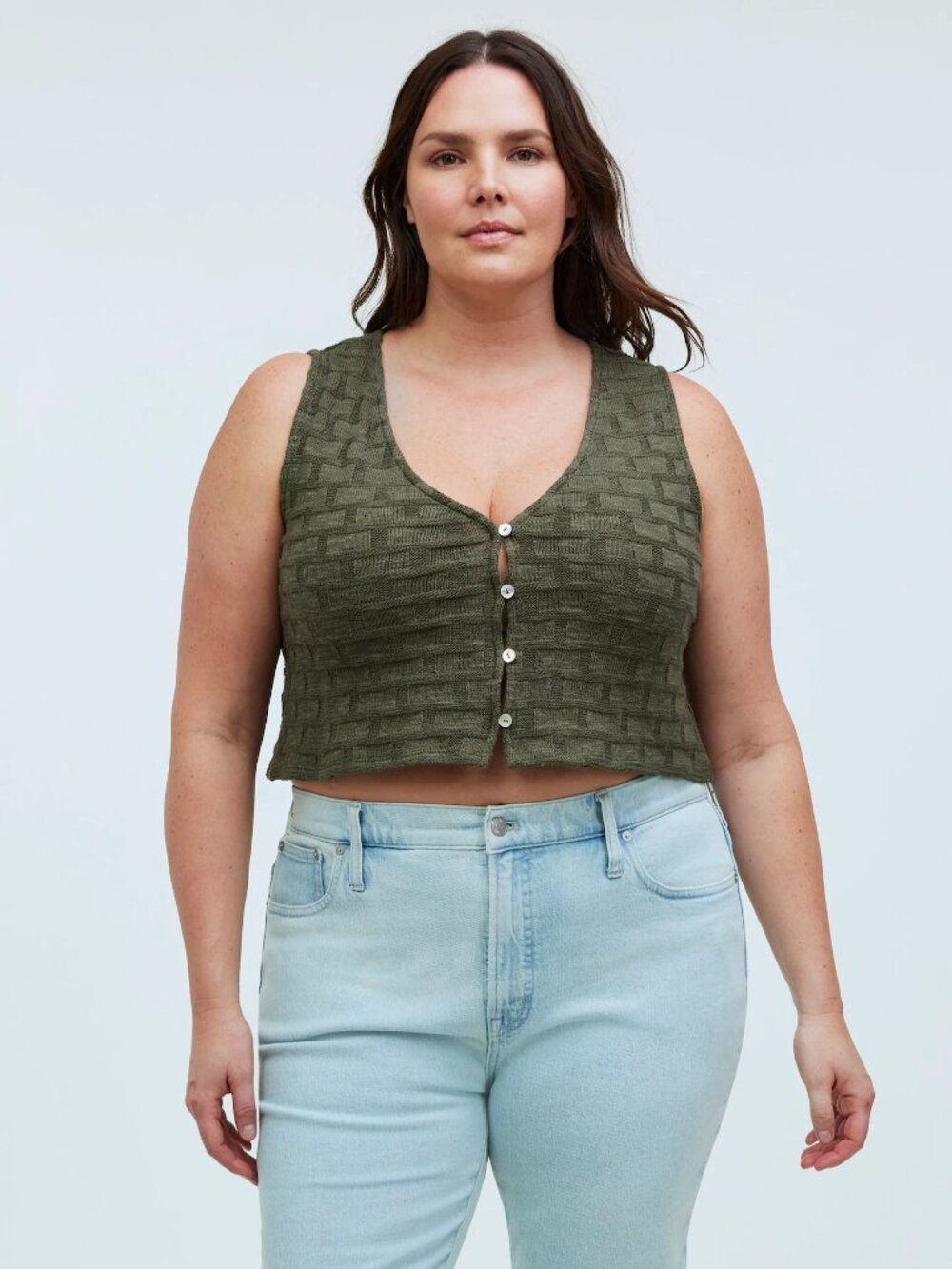 Madewell Womens S Olive Green Basketweave-Stitch Vest Crop Boho Top Beach 2024